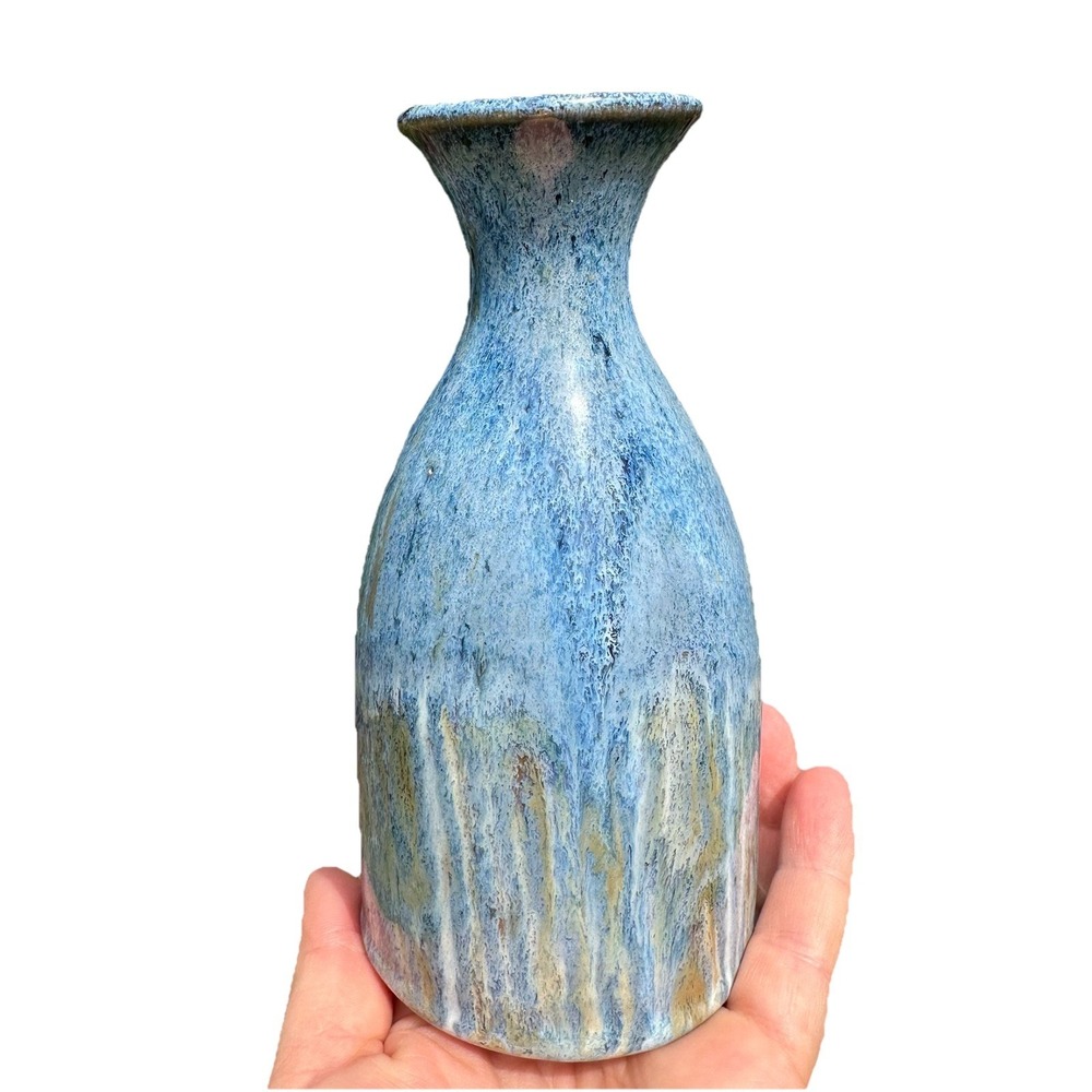 Handcrafted Stoneware Pottery‎ Bud Vase Signed 6.5" Tall Drip Glaze Blue Coastal
